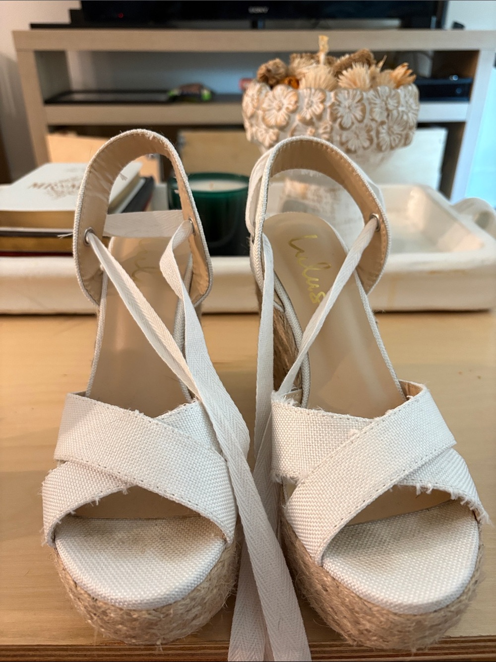 Lulu's Cream Canvas Espadrille Wedge Sandals with Ankle Ties